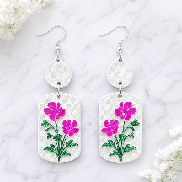 Jewelry - Floral Drop Earrings with Pink and Green